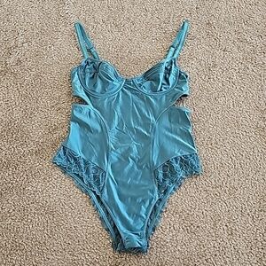Out From Under A Little Spicy Bustier Lace Cutout Bodysuit Teal Size XS